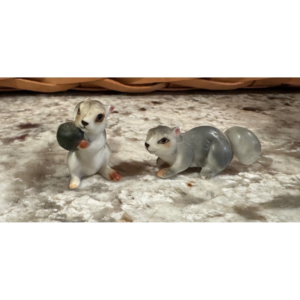 Miniature Ceramic Squirrel Figurines Set of 2 Grey White Glazed Animal Decor